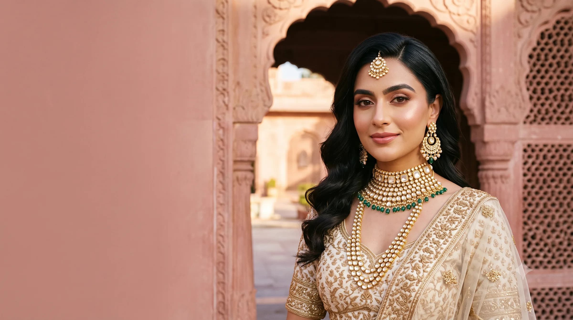 Aaina client in gold jewellery and an ivory lehenga, before a carved pink-sandstone arch